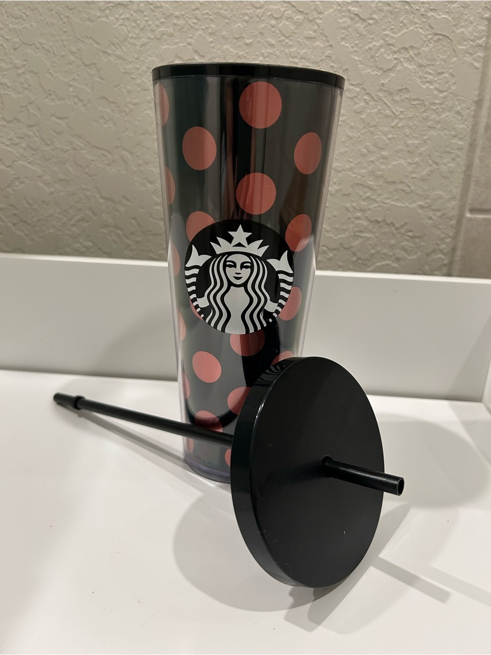 Starbucks Black Tumbler with Coral Pink Polka Dots